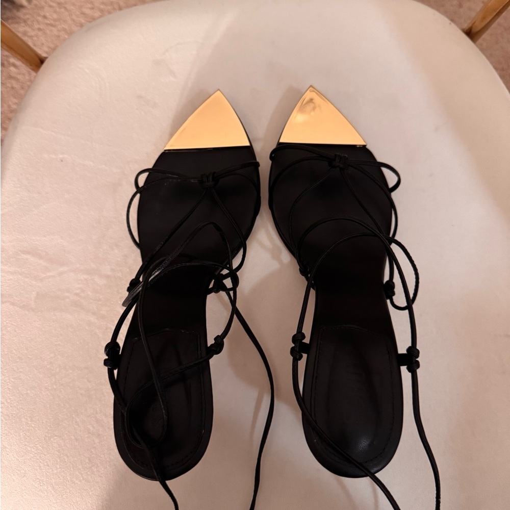 Black Lace-Up Pointed Sandals with Gold Cap